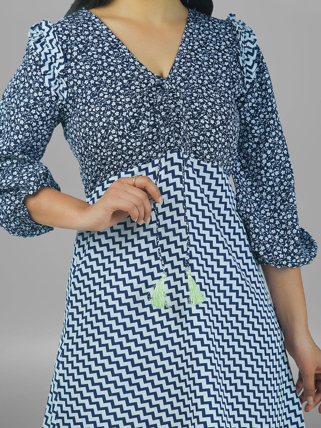 Floral printed V Neck 3/4 Sleeve Dress.