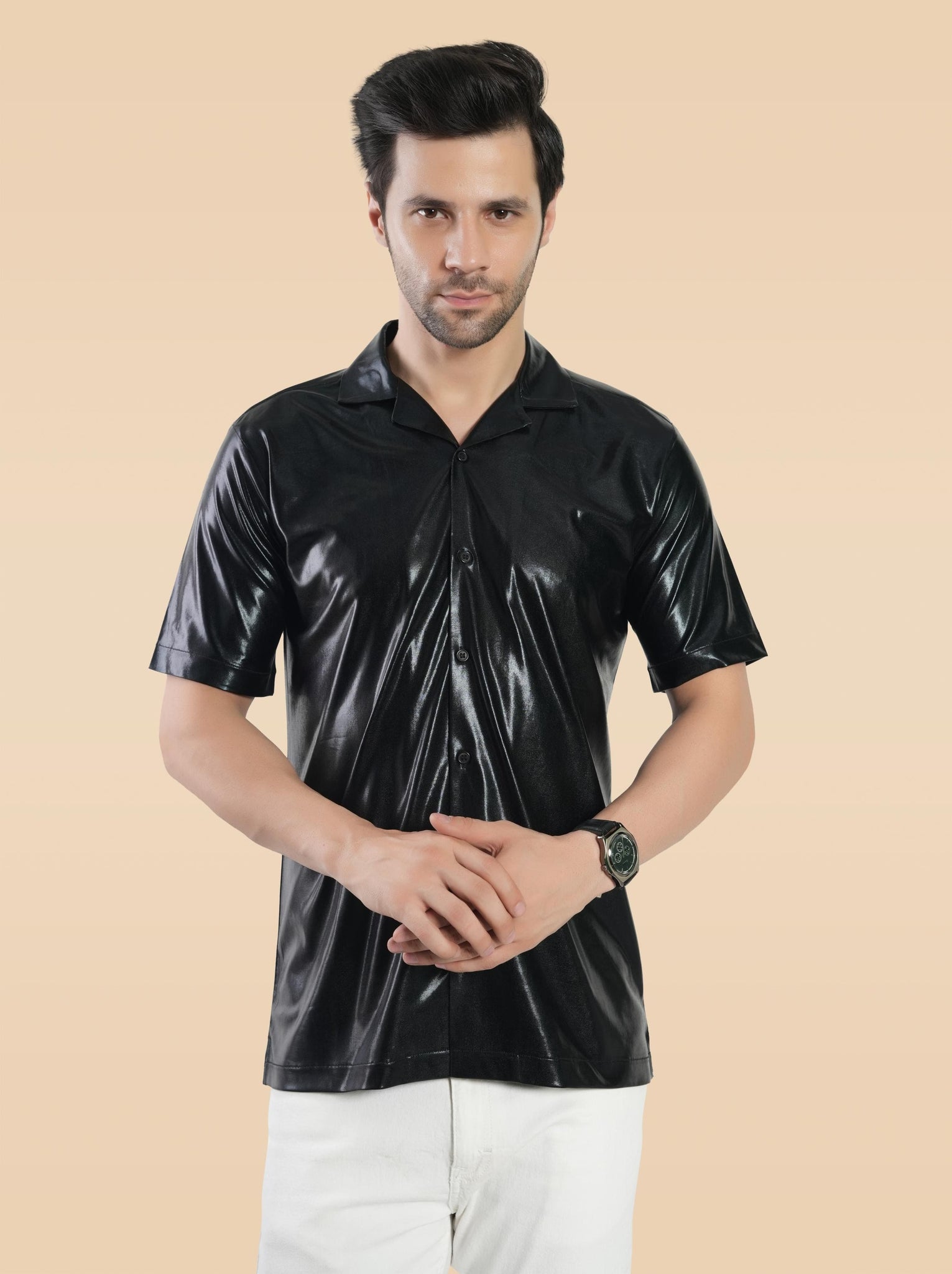 RANJ Men's Cotton Smart Casual Blazer Collar Half Sleeve Club Wear Shirt.