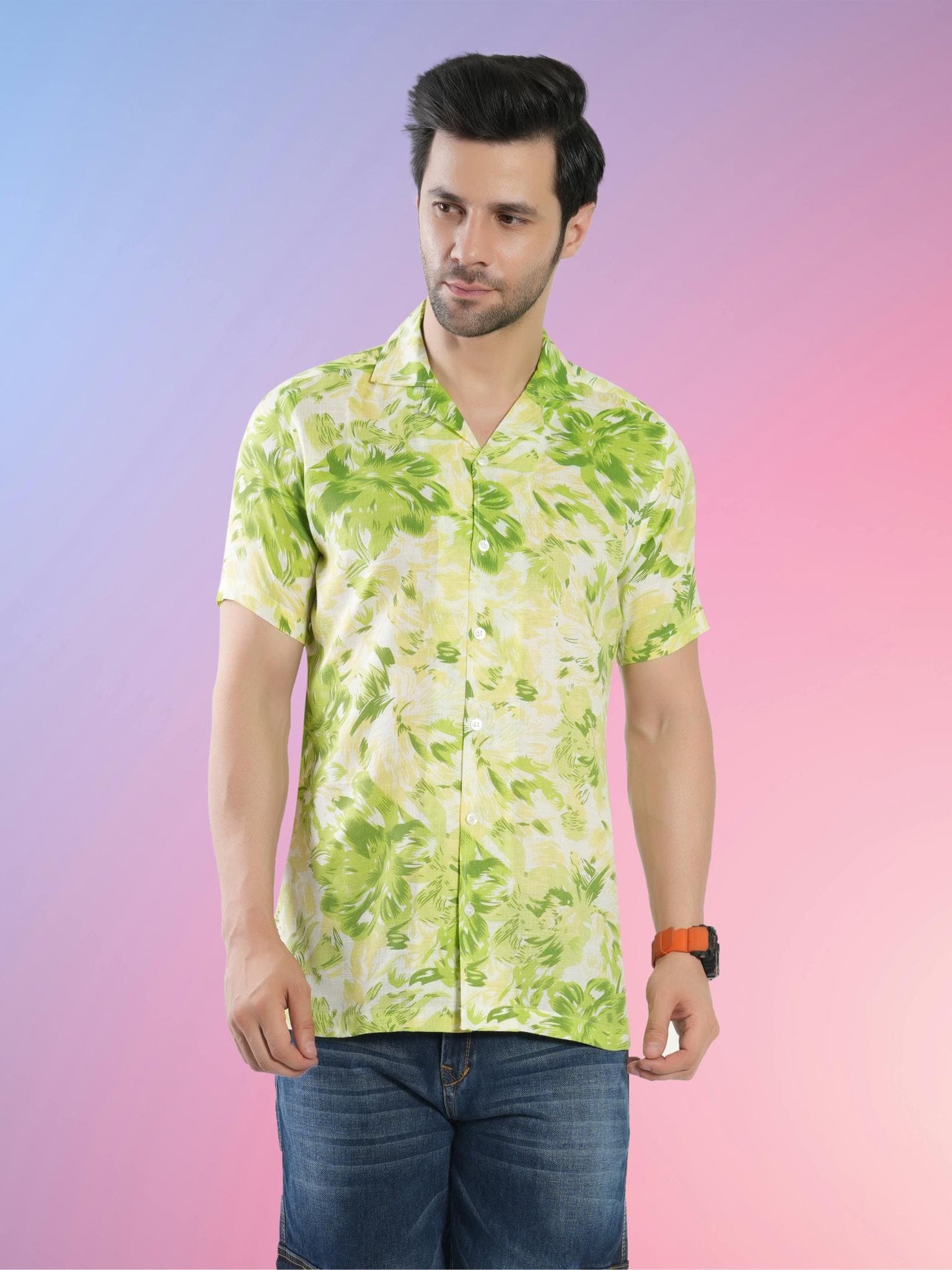 RANJ Men's Cotton Smart Casual Blazer Collar Half Sleeve Printed Shirt.