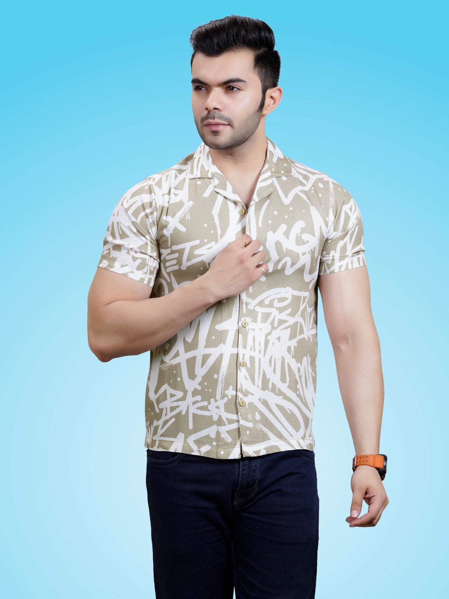 RANJ Men's Cotton Smart Casual Blazer Collar Half Sleeve Shirt.