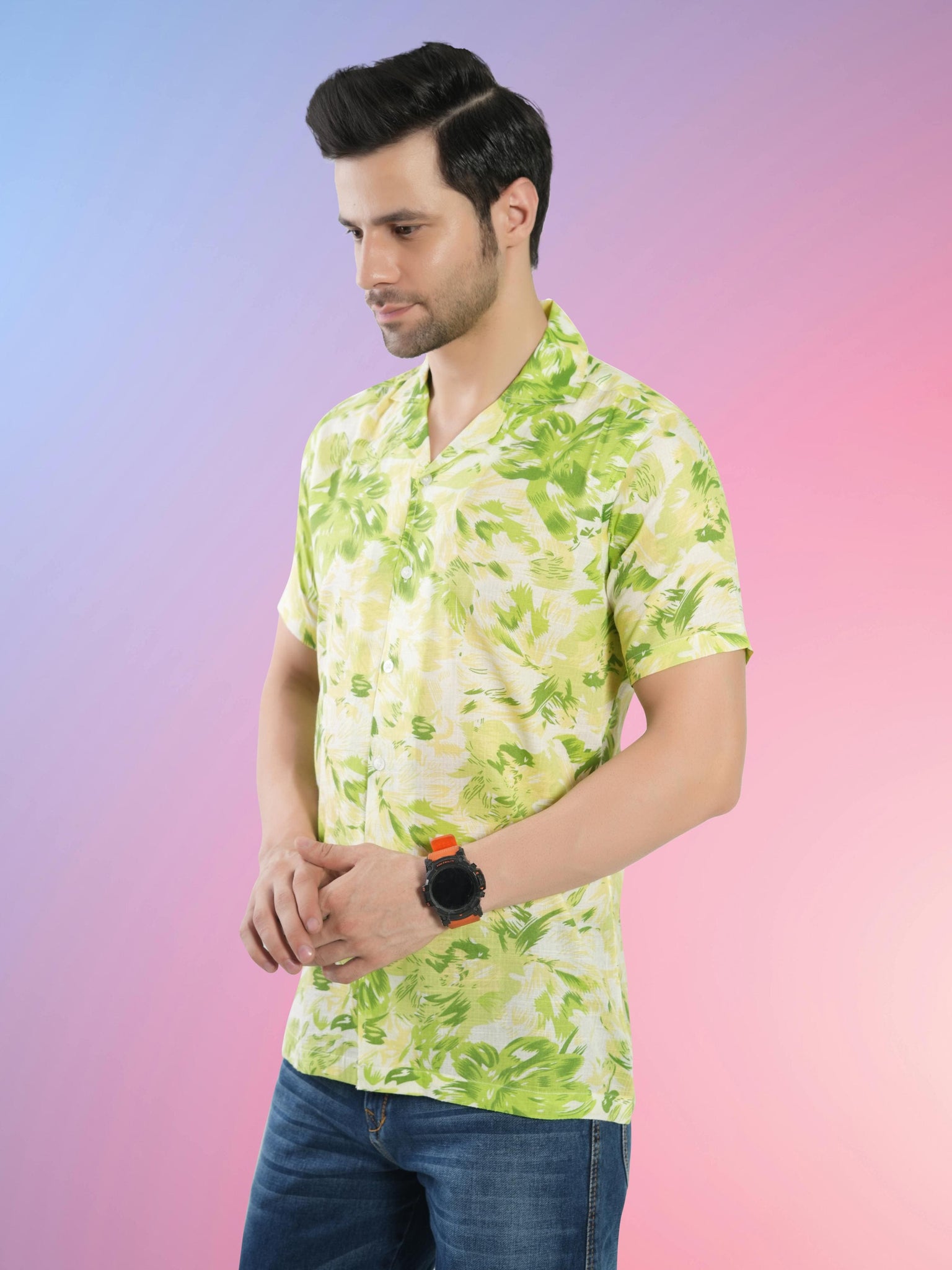 RANJ Men's Cotton Smart Casual Blazer Collar Half Sleeve Printed Shirt.
