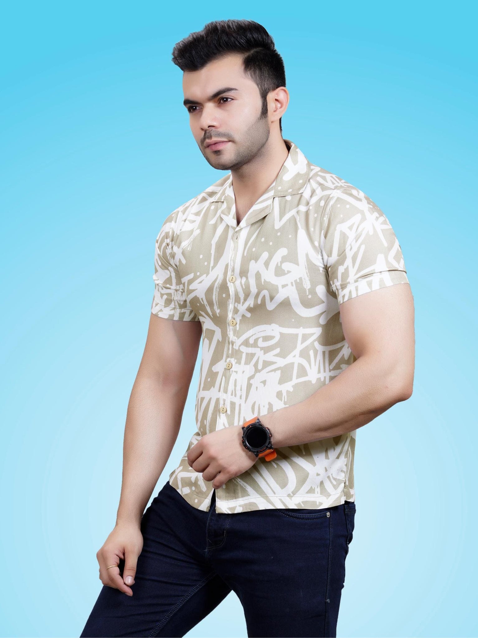 RANJ Men's Cotton Smart Casual Blazer Collar Half Sleeve Shirt.