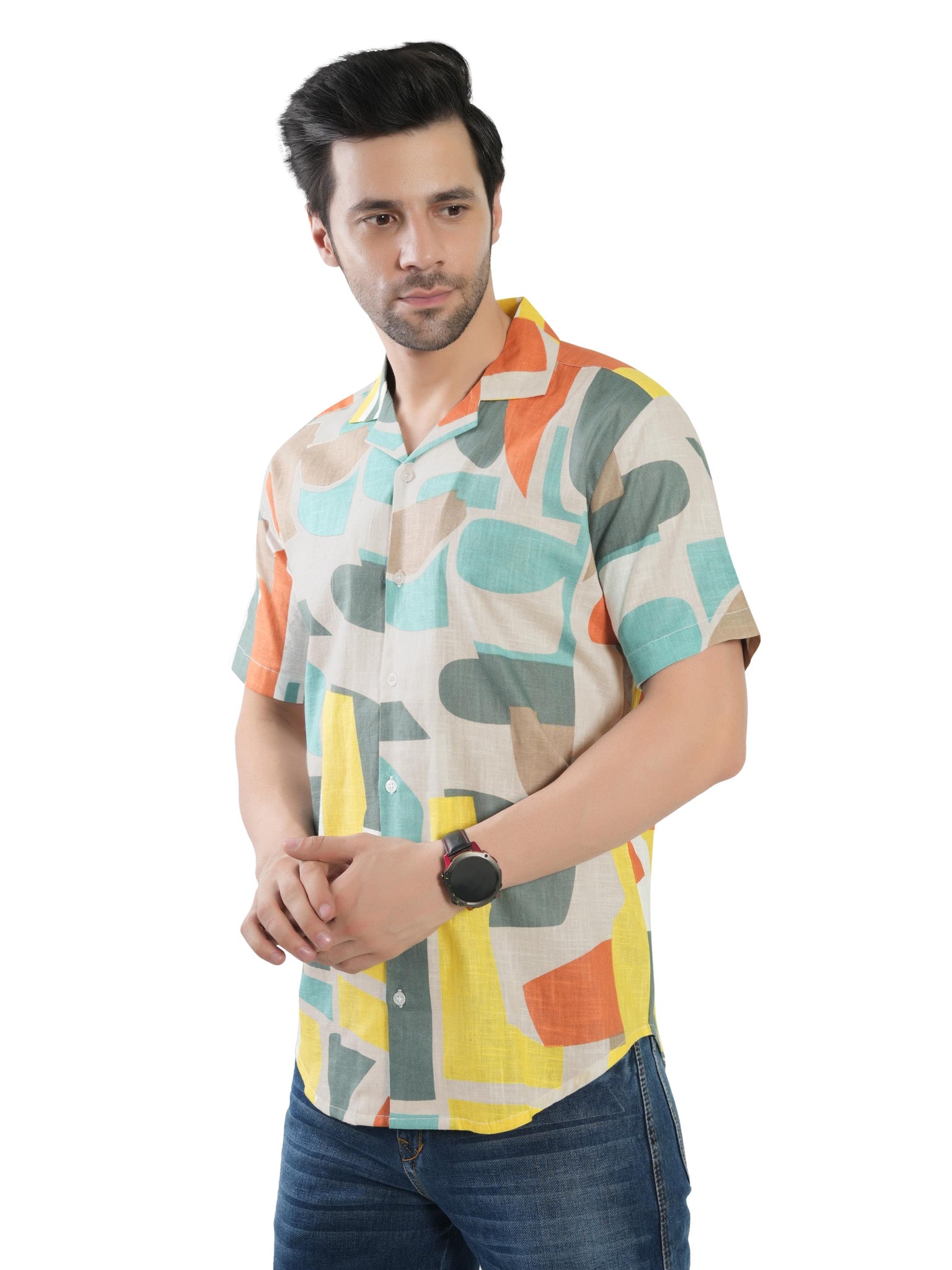 RANJ Men's Cotton Smart Casual Blazer Collar Half Sleeve Shirt.