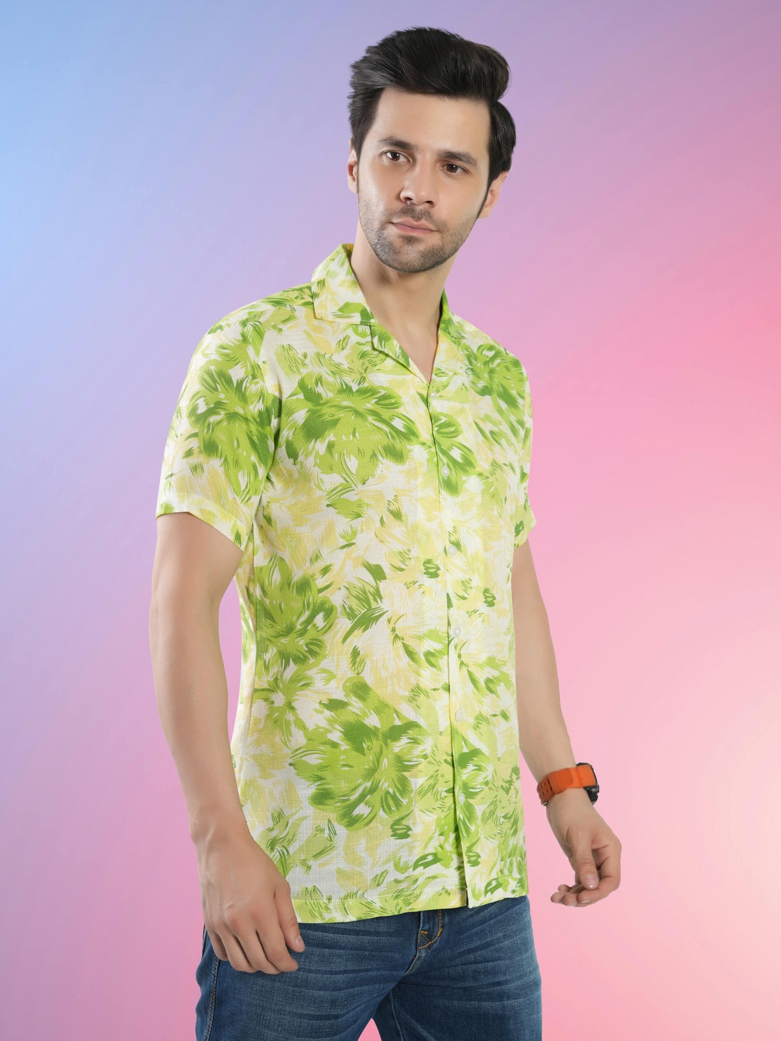 RANJ Men's Cotton Smart Casual Blazer Collar Half Sleeve Printed Shirt.