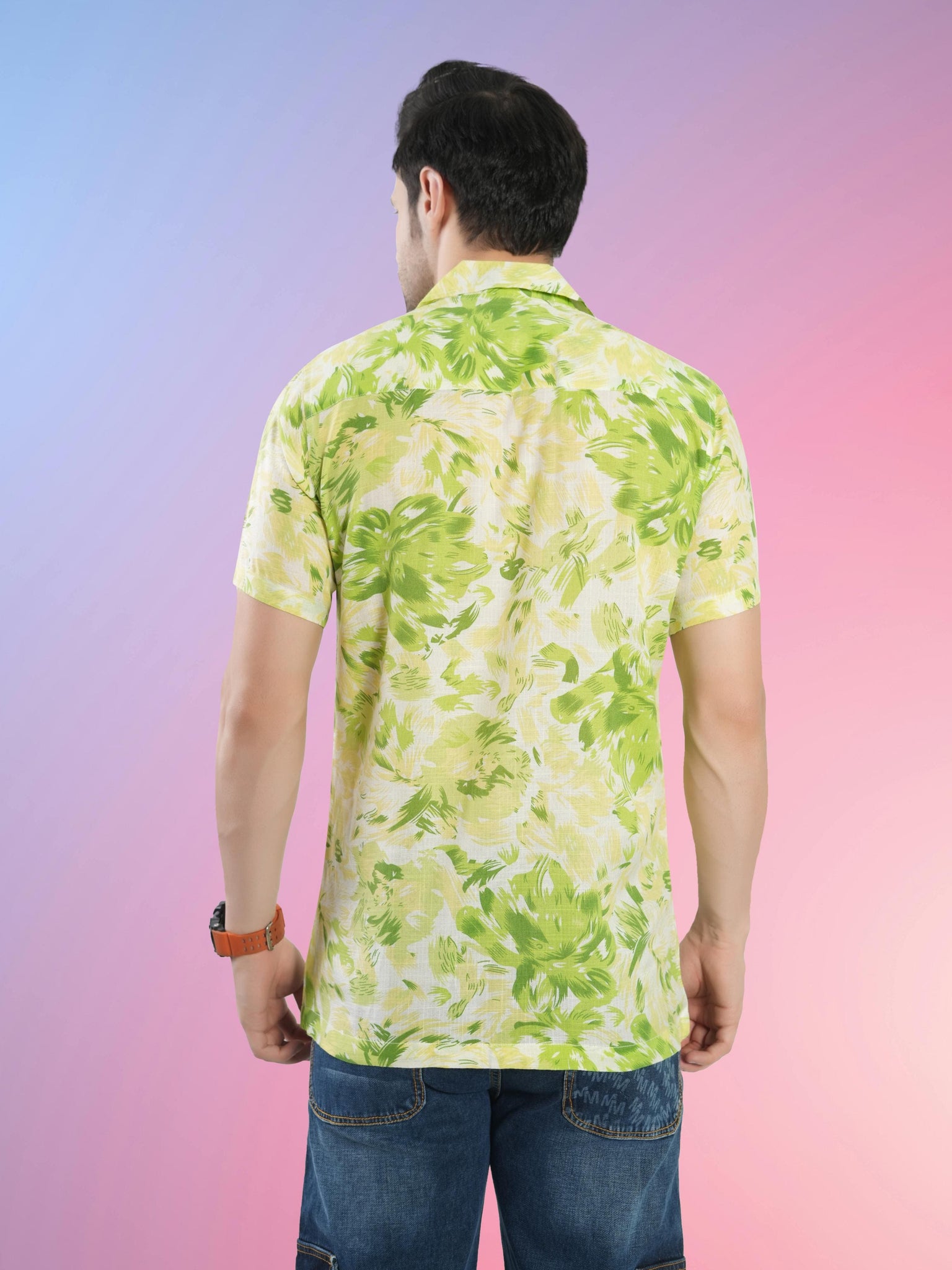 RANJ Men's Cotton Smart Casual Blazer Collar Half Sleeve Printed Shirt.