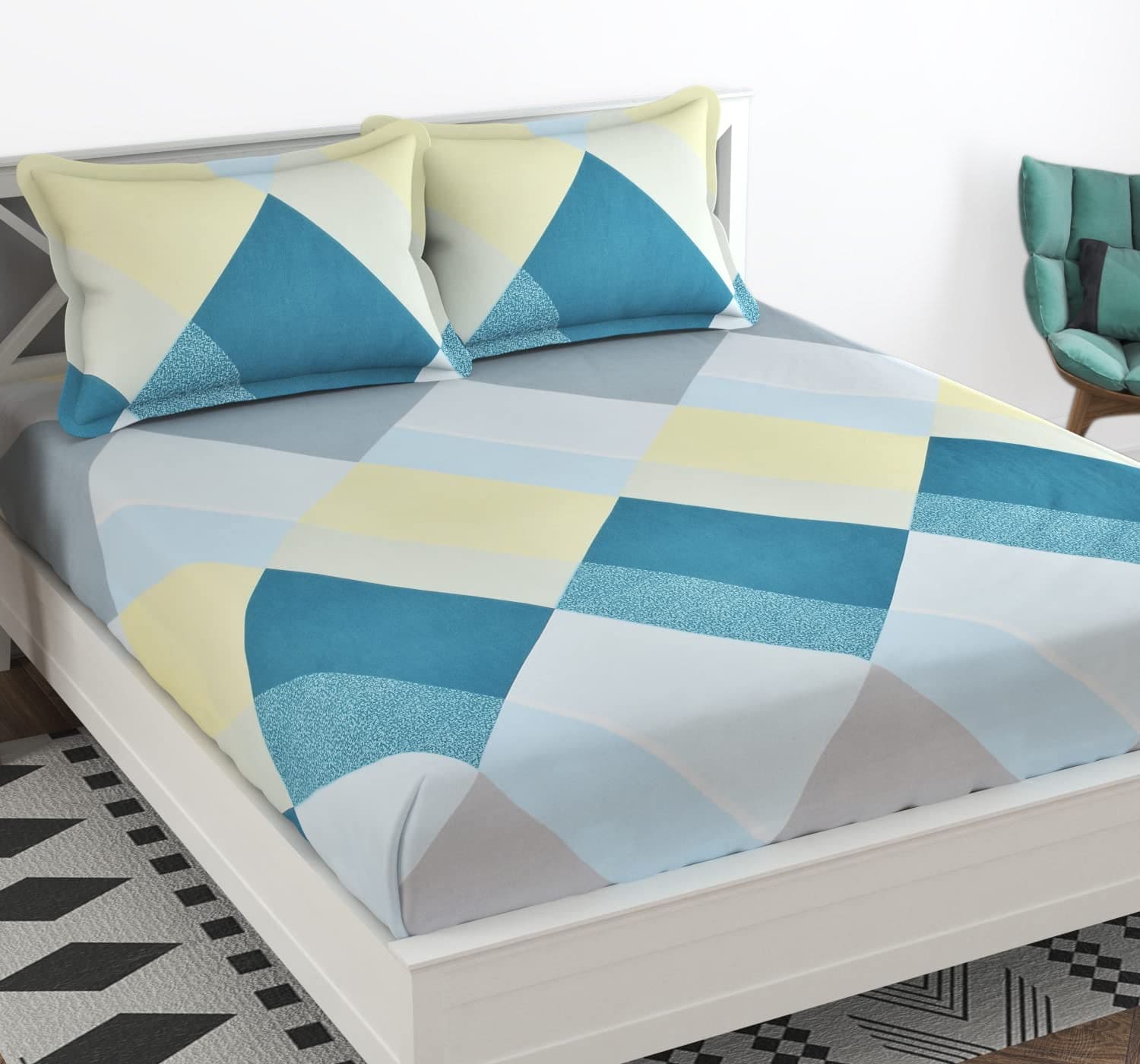 RANJ Geometric Print Cotton Bedsheet With Two Pillow Cover