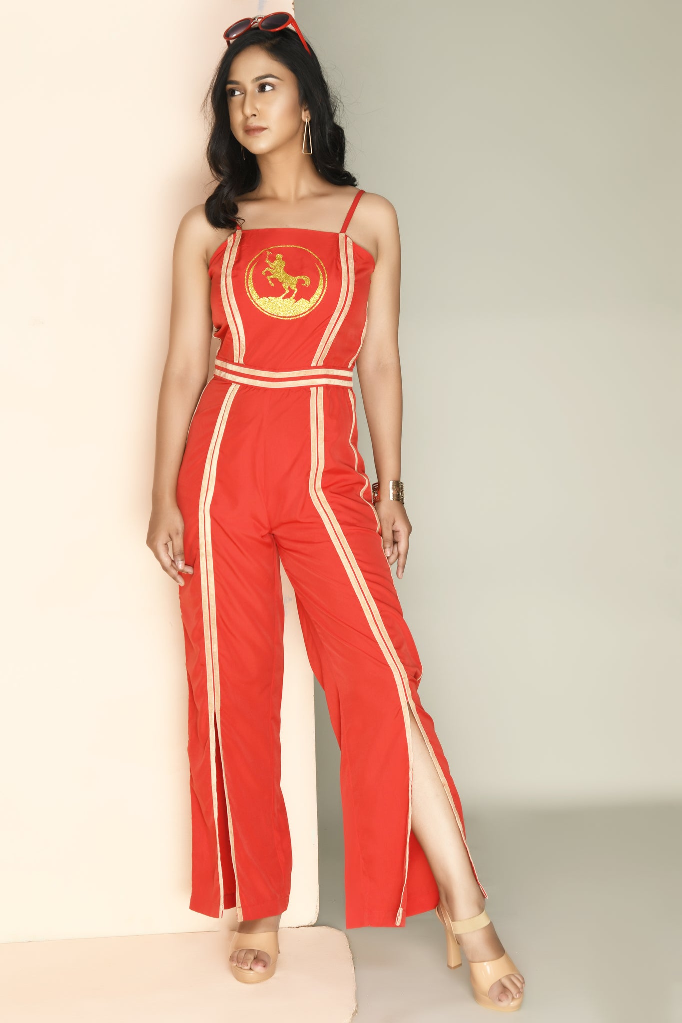 Red Jumpsuit With White Velvet Embelish Tape.