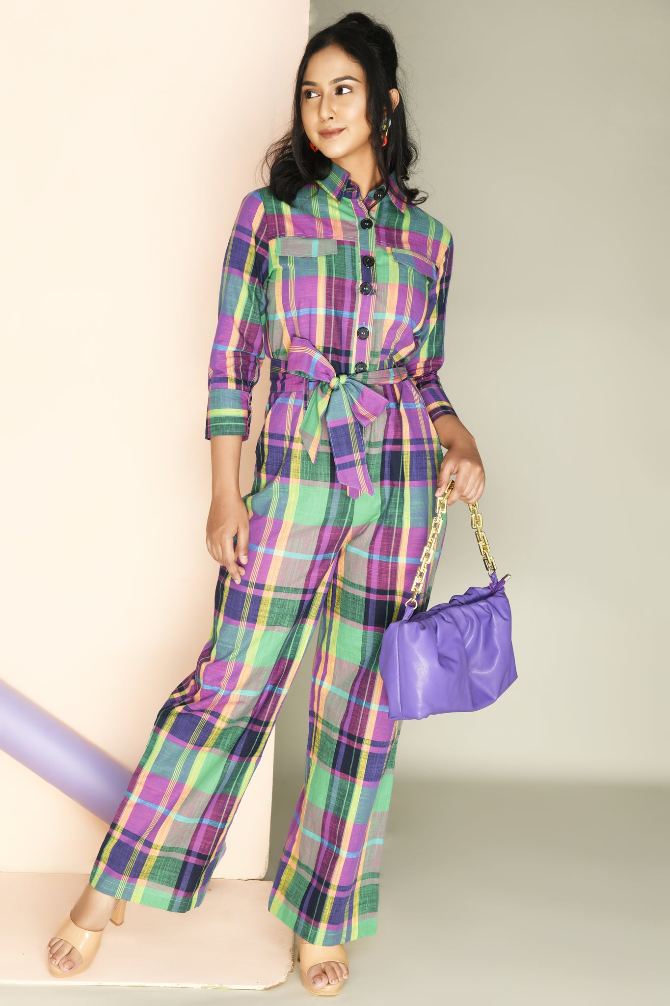 Green And Multicolor Checks Tie-ups Shirt Jumpsuit