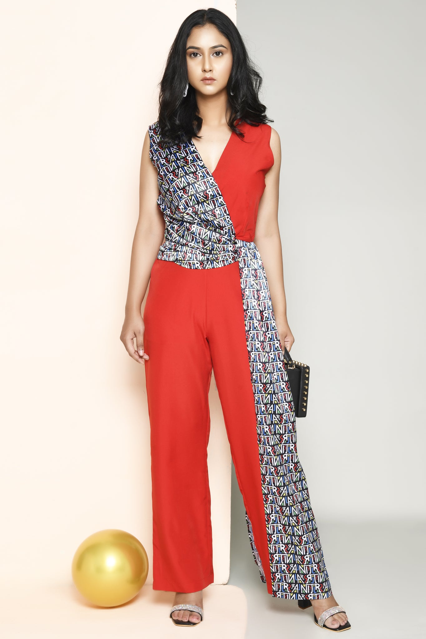 Red Signature Print Drape Jumpsuit.