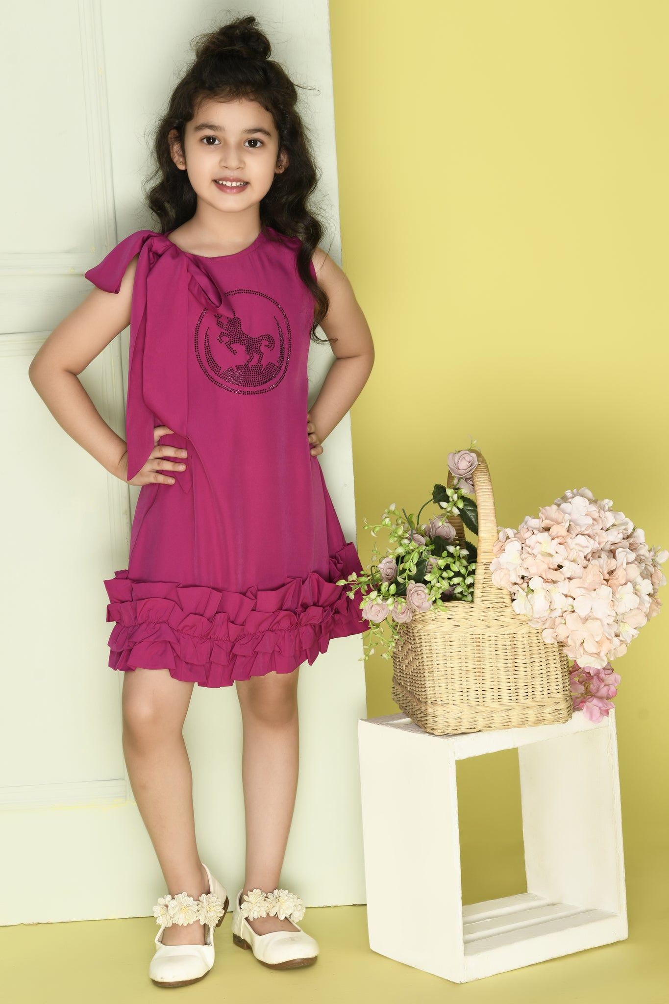 Fuschia pink Jewel Neck, Solid Ruffle Detailing Kid's Dress.