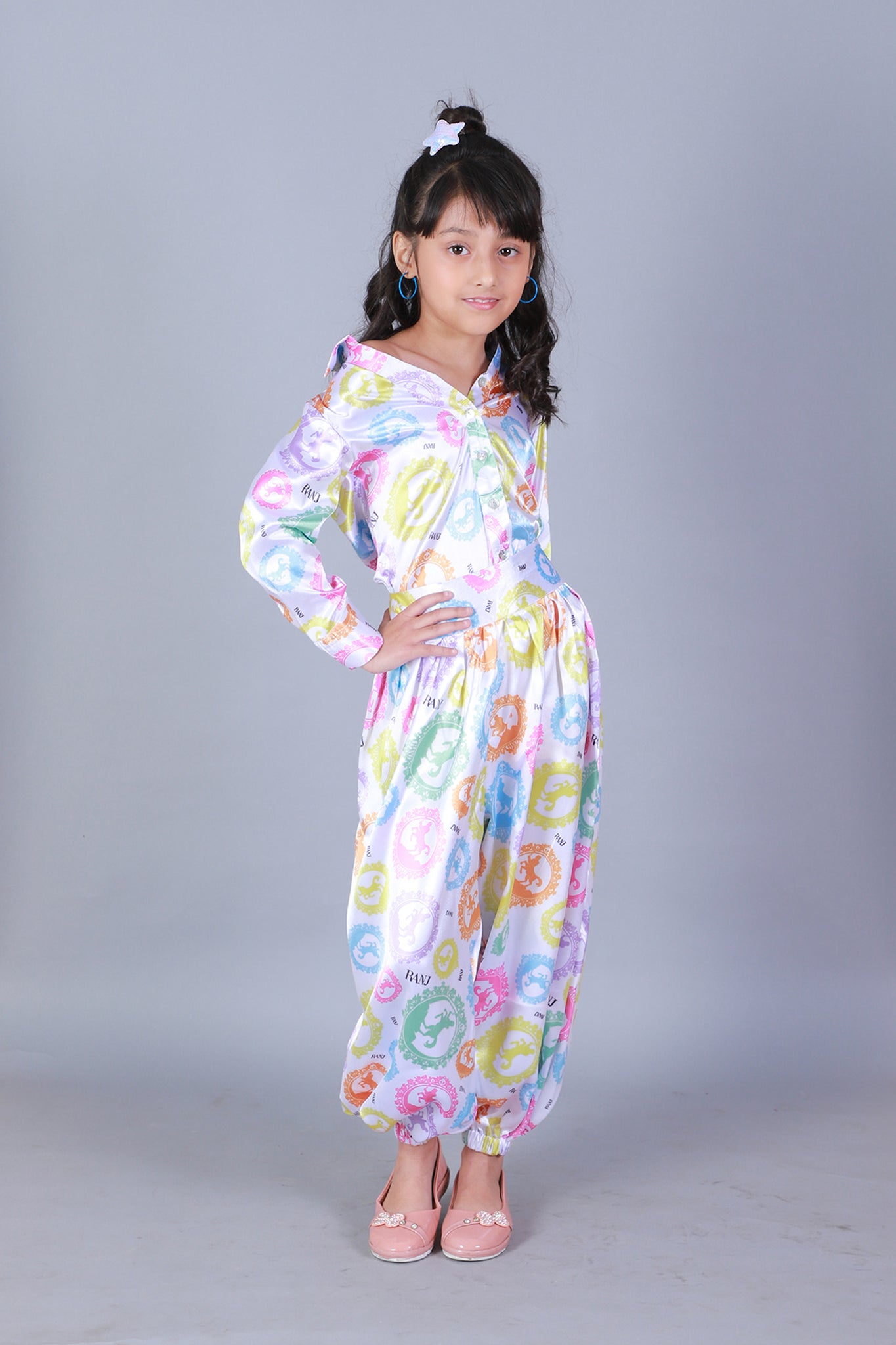 RANJ White Ornamental Printed Shirt And Harem Pant Set - Kids - RanjStore