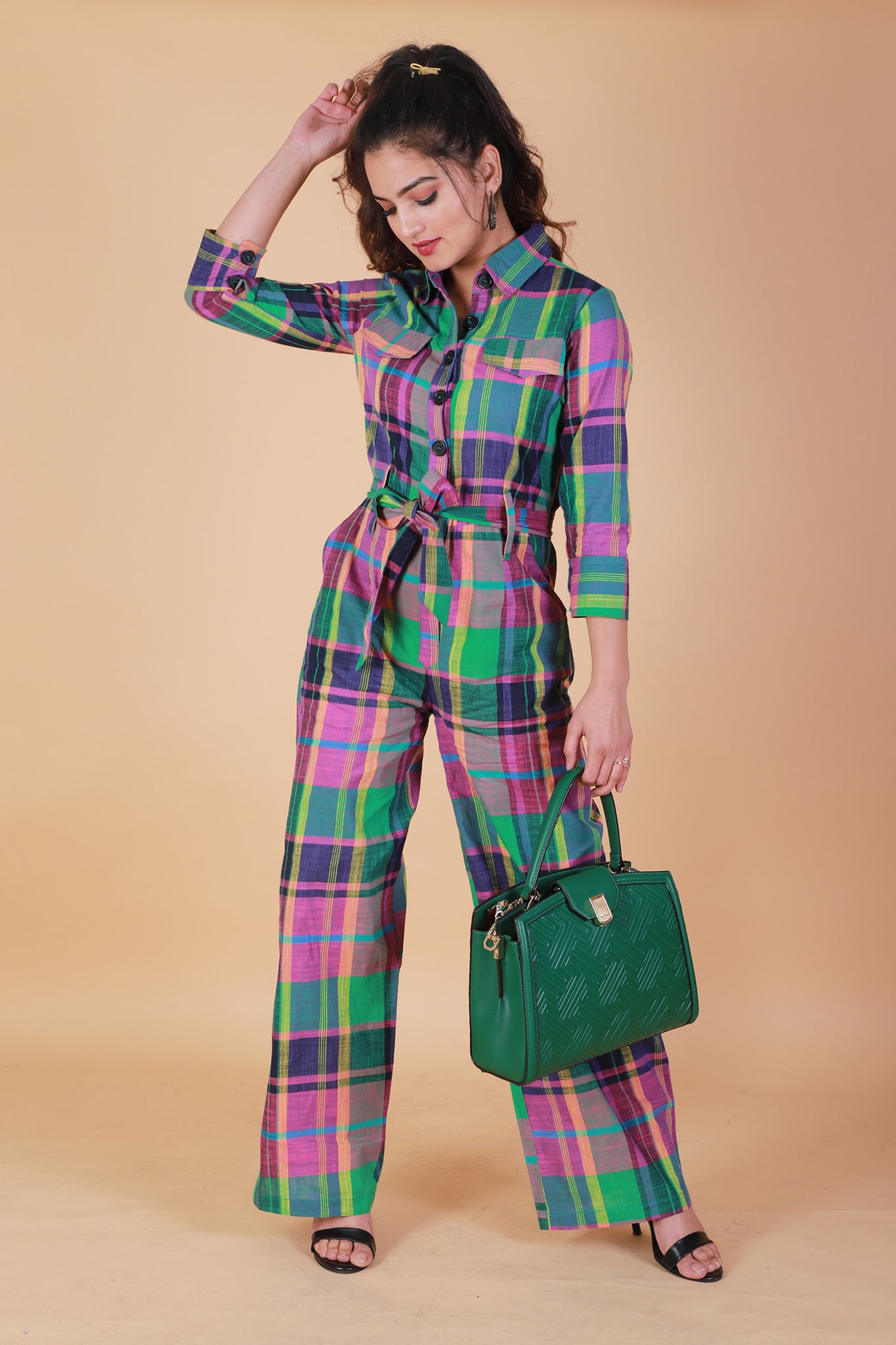 Green And Multicolor Checks Tie-ups Shirt Jumpsuit